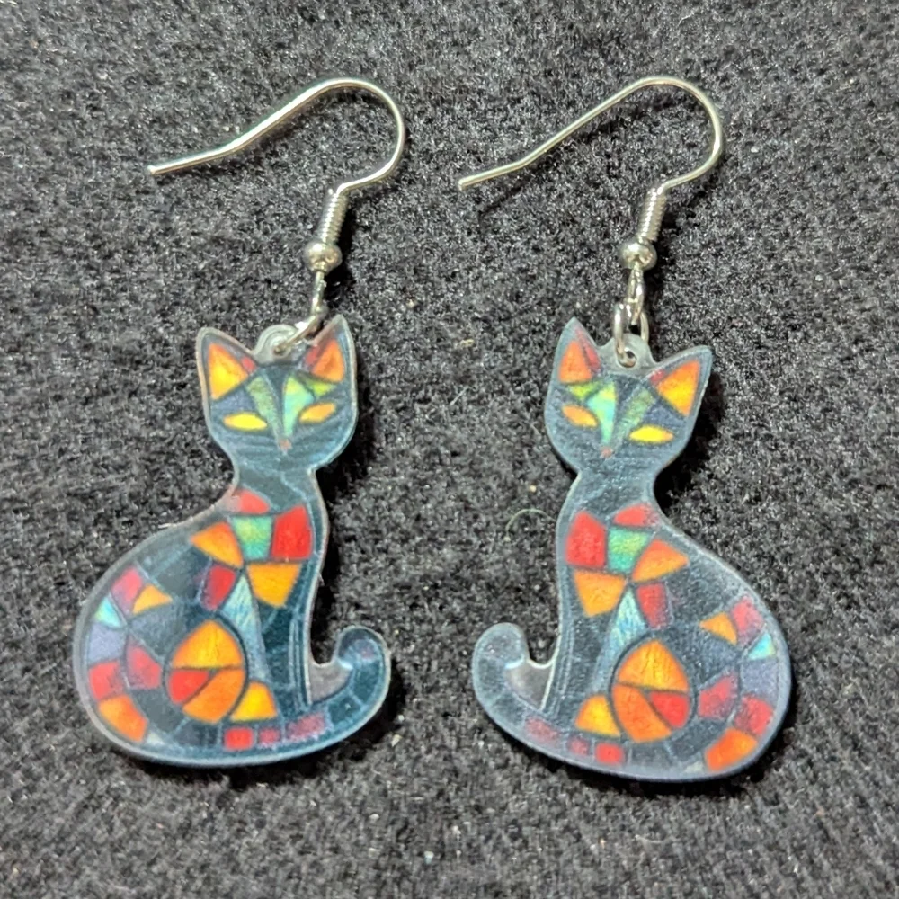 Silver Tone Black Red Yellow Acrylic Stained Glass Style Cat Statement Earrings